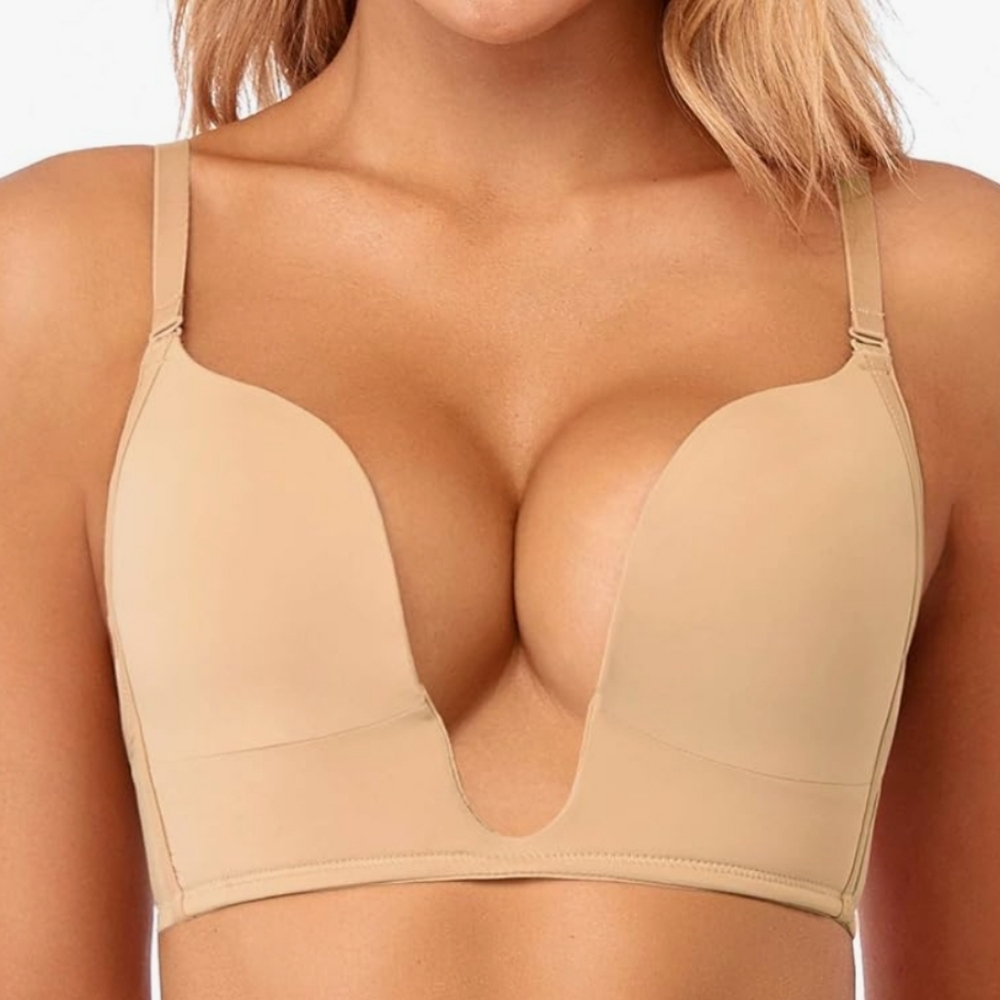 Fullness Deep U Plunge Low Back Padded Cleavage Enhancing Bra, Sz 34C